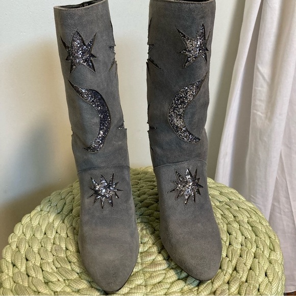 Avec Les Filles Nikita Gray Suede Glitter Star Moon Celestial Mid Calf Boots - Picture 7 of 13